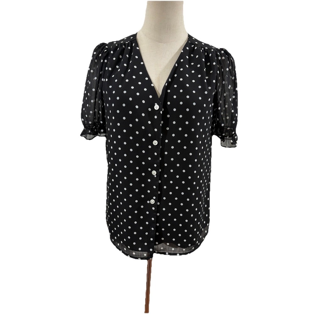 J Crew Women's Black White Polka Dot Blouse Puff Sleeve Sz XXS Romantic Cottage